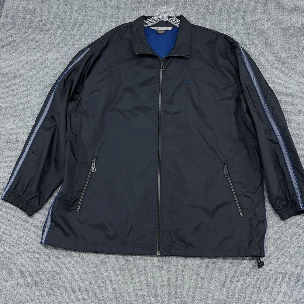 Vintage Nike Track Jacket‎ Mens XL Black Blue Swoosh Windbreaker Full-Zip Y2K